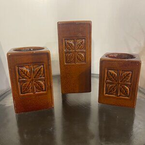Brown Ceramic Staggered Column Candleholders with Leaf Design (Set of 3)